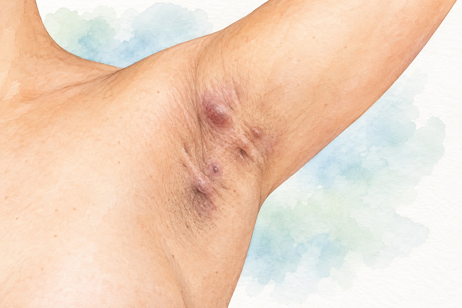 Koltuk altında hidradenitis suppurativa nodülleri, sulu boya illüstrasyon